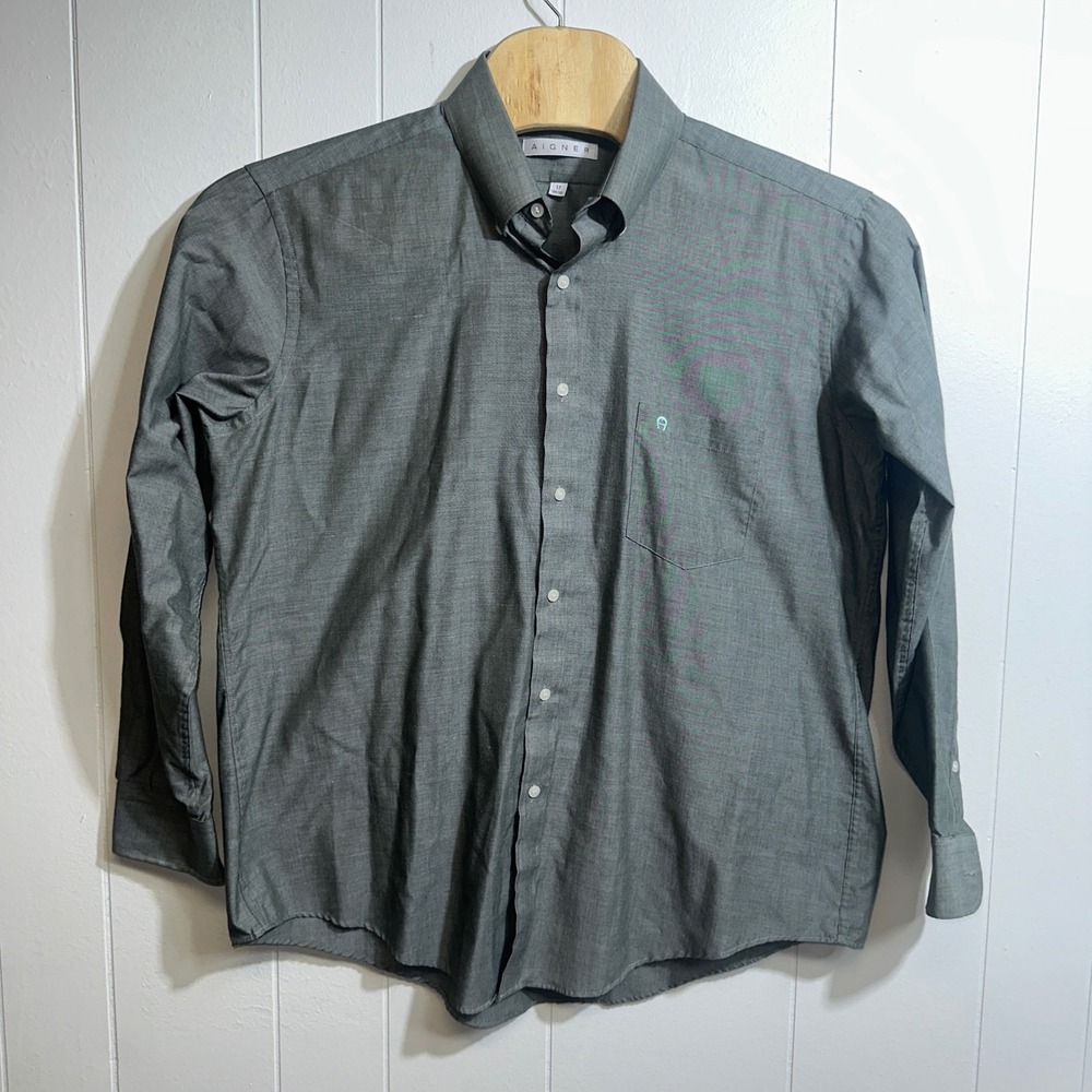 Aigner Mens Grey Long Sleeve Button Down Dress Shirt Size 17 34/35 Tailored Fit